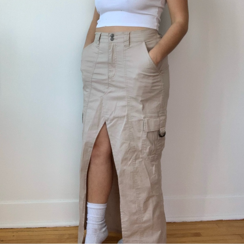 Beige Cargo Maxi Skirt with Front Slit